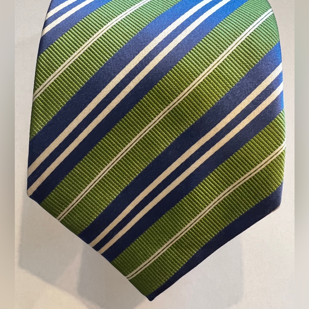 David Donahue Green Blue And White Striped Necktie
